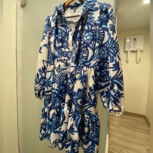 Shein White and Blue Floral Dress Woman’s Medium Bohemian Style